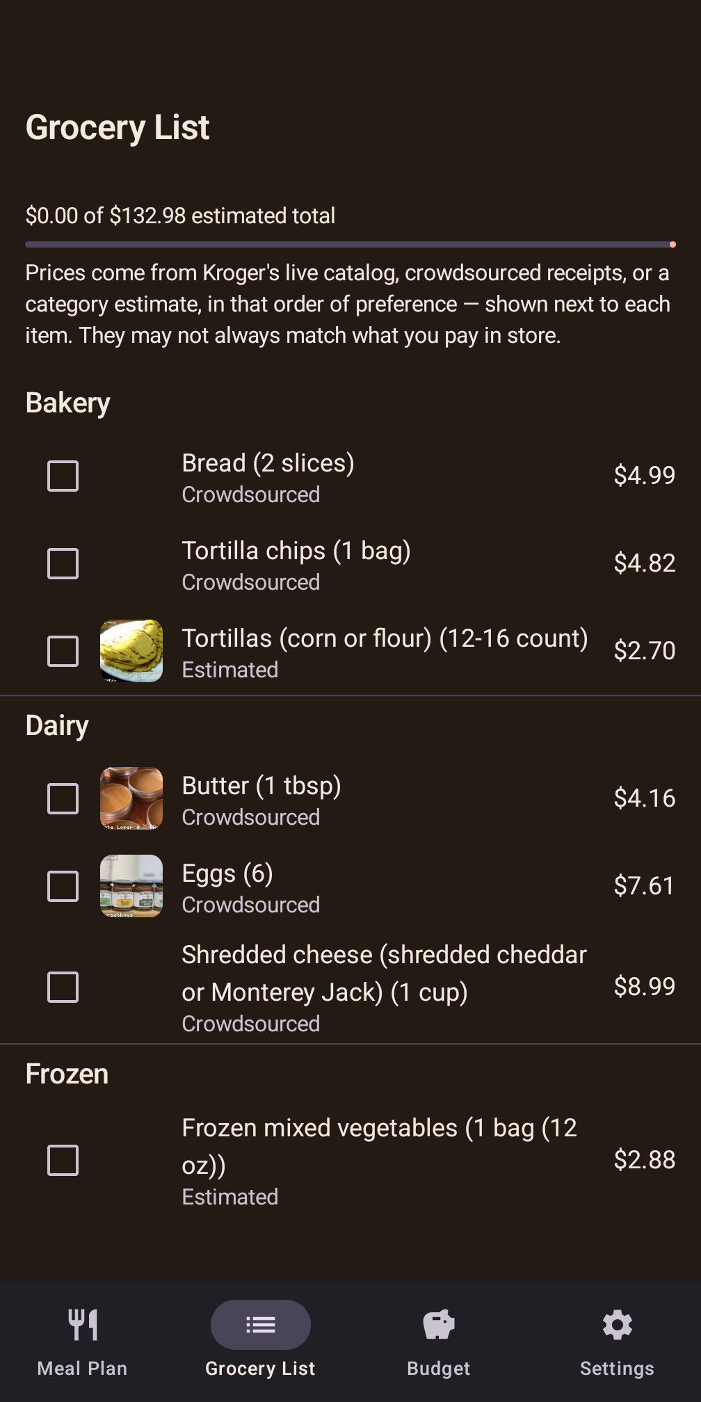 Provision grocery list screen with real prices