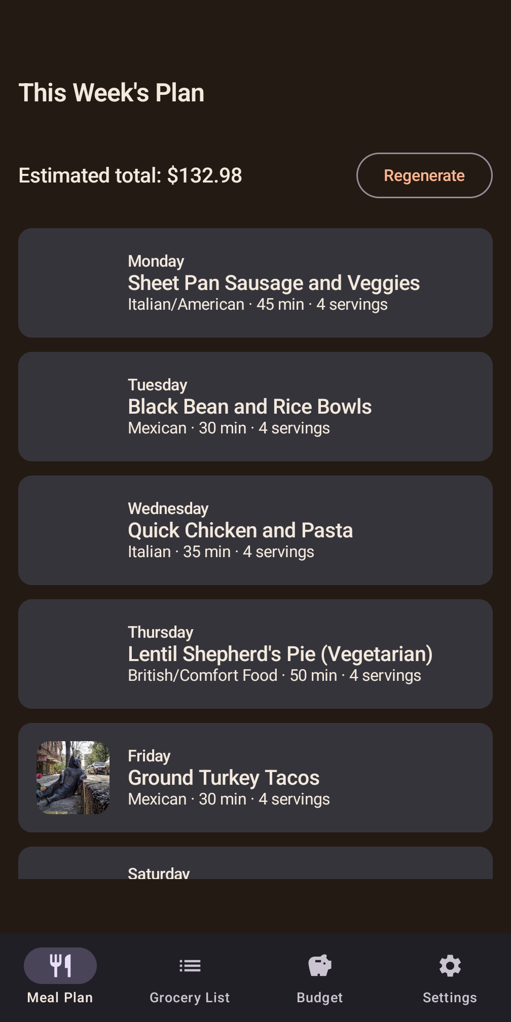 Provision weekly meal plan screen