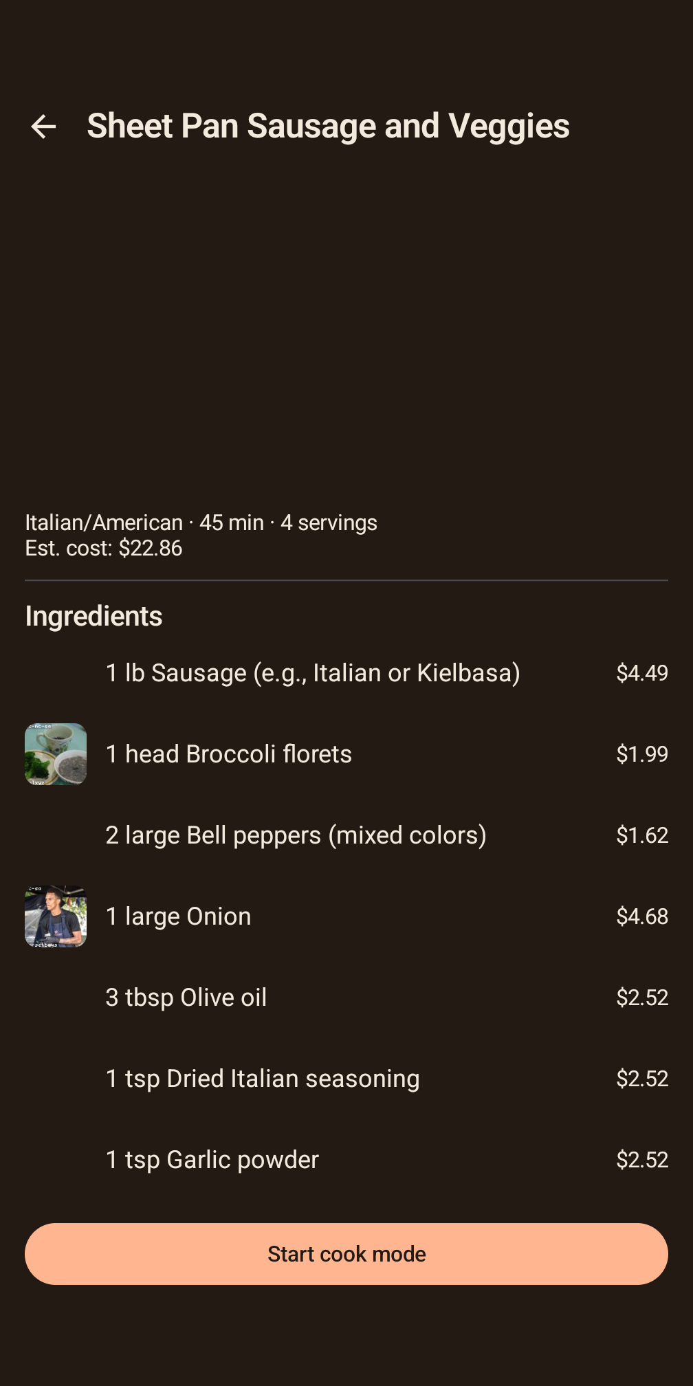 Provision recipe detail screen with priced ingredients